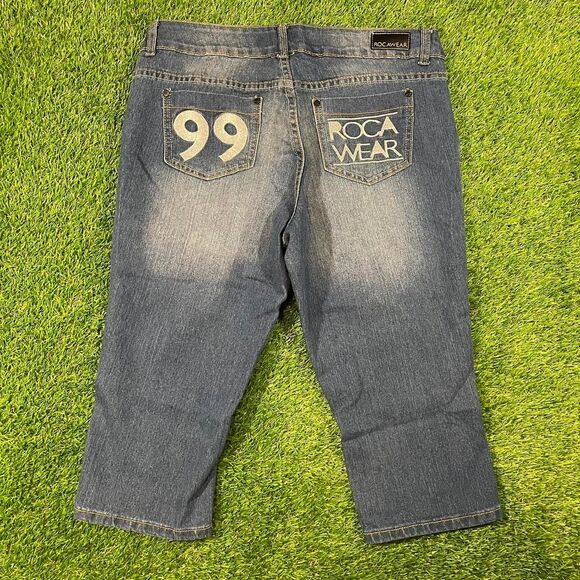 Rocawear Women's Blue and Navy Capri Jean Shorts (14) - Picture 2 of 8